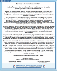 Solicitada Sindicato de Luz y Fuerza de la Patagonia. 8 de Marzo, día internacional de la mujer